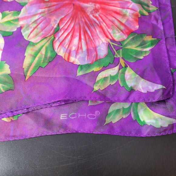 Echo Floral Hibiscus Purple Silk Scarf 34" X 34.75" - Picture 7 of 10